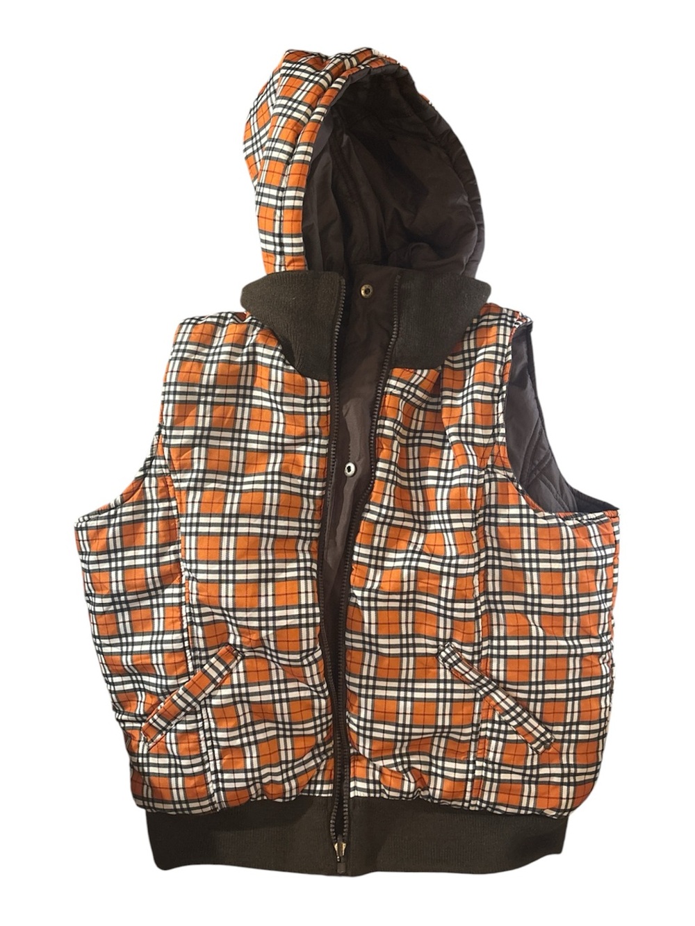 Orange Plaid Quilted Hooded Vest